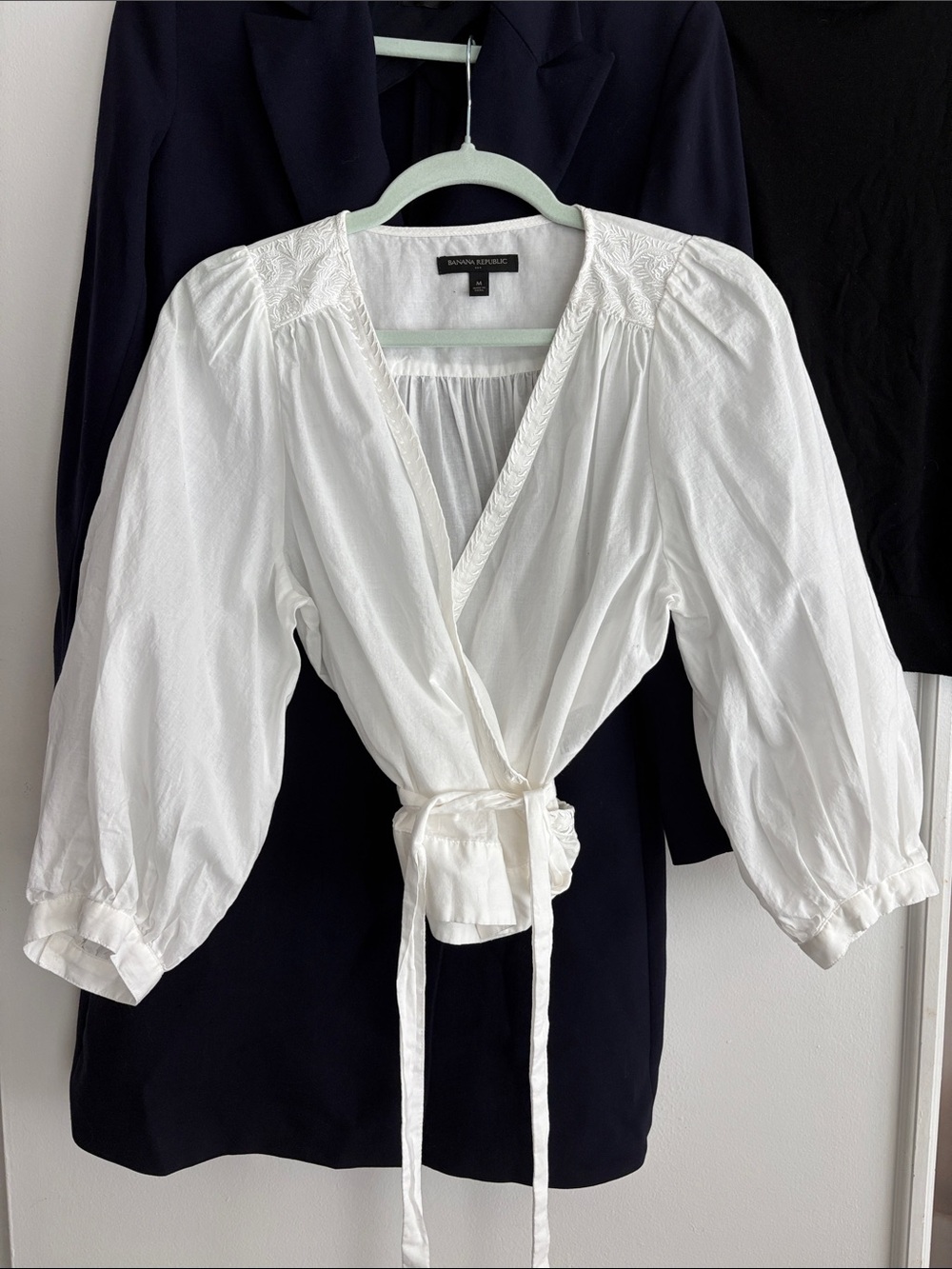 Banana Republic White Wrap Blouse with Tie Waist and Puff Sleeves